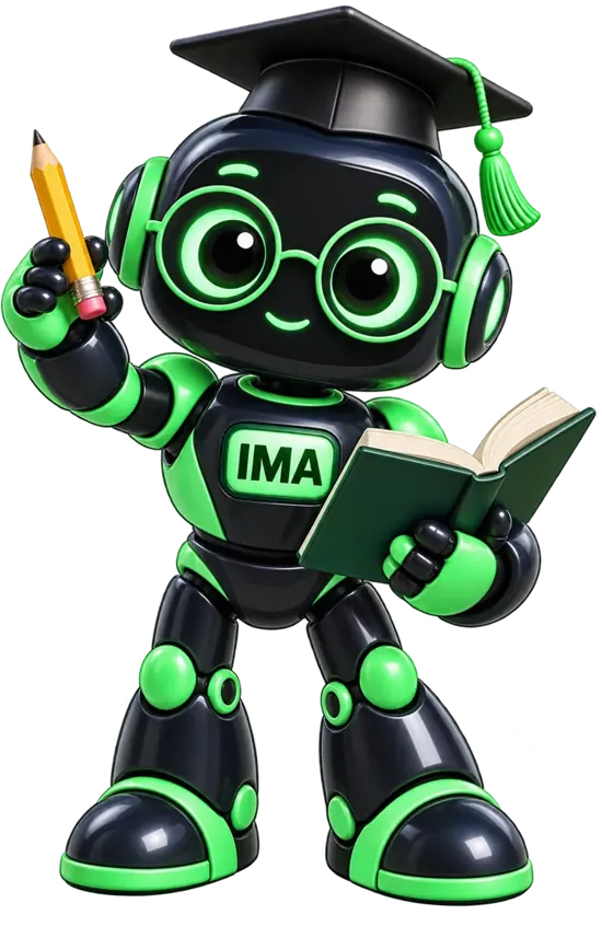 Mascote robô, versão verde para o IMA, com livro, lápis e capelo